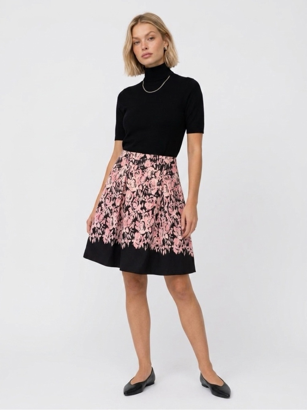 Luxe by Carmen Marc Valvo A-Line Skirt Pleated Flared Pink & Black Floral Print